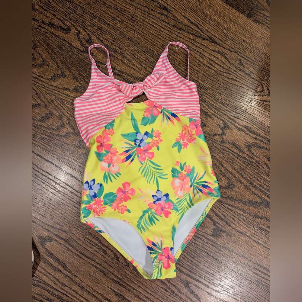 Girls Tropical Floral One-Piece Swimsuit - Pink & Yellow Size S (7)